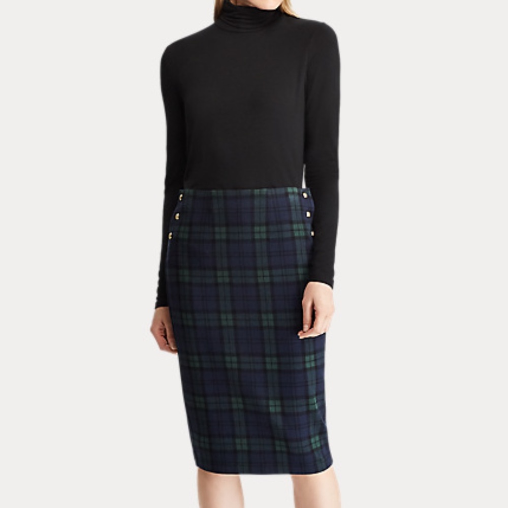 Ralph Lauren Plaid Knit Jacquard Midi Pencil Skirt